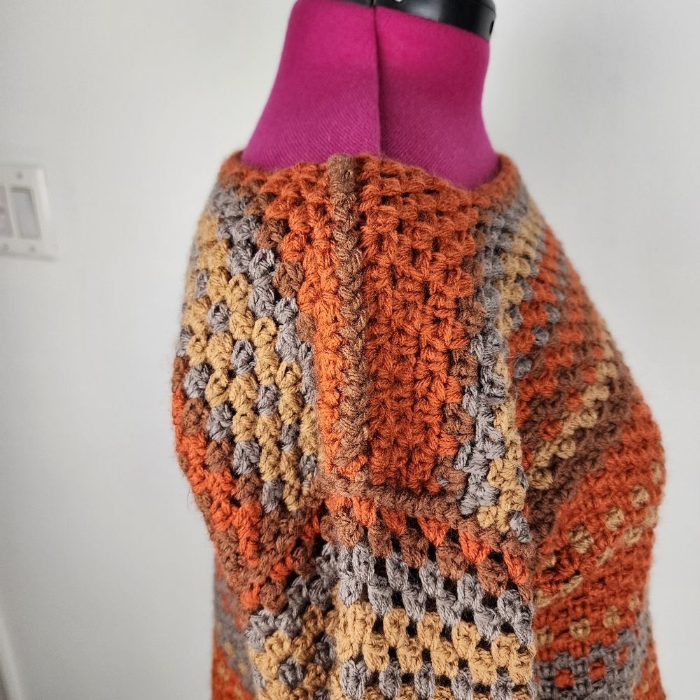 New Handmade Crochet Crop Sweater Boho Multicolor Striped Boat Neck Pullover OS - Picture 13 of 15